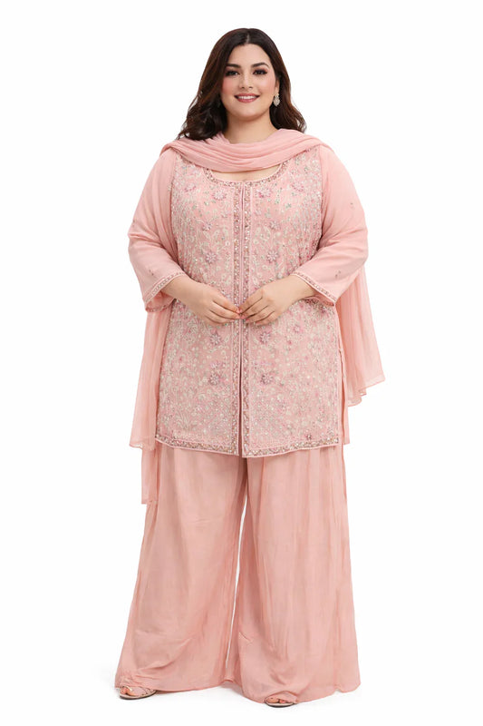 Peach Floral Embroidered Sharara Set