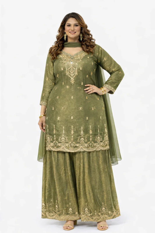 Olive Green Glass Tissue Zari Sharara Set
