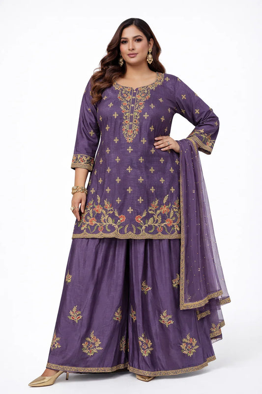 Purple Floral Embroidered Sharara Set