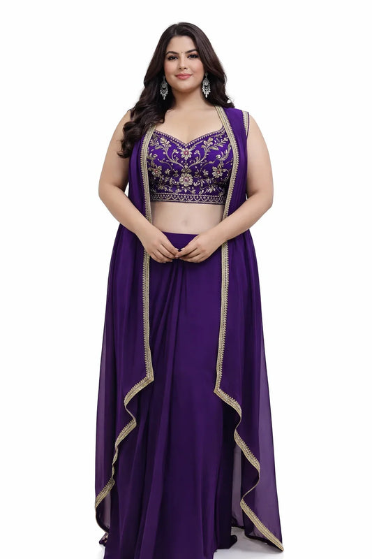 Purple Embroidered Sharara Set with Cape