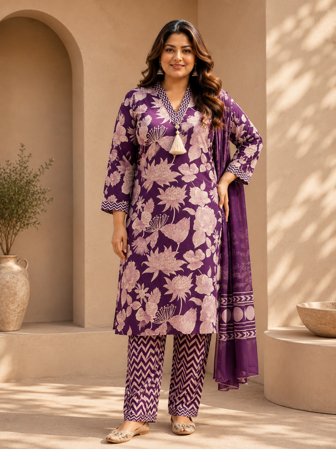 Purple Floral & Chevron Printed Suit