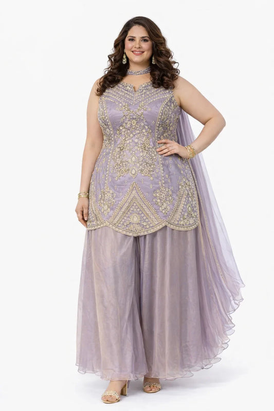 Lavender Embellished Glass Tissue Sharara Set